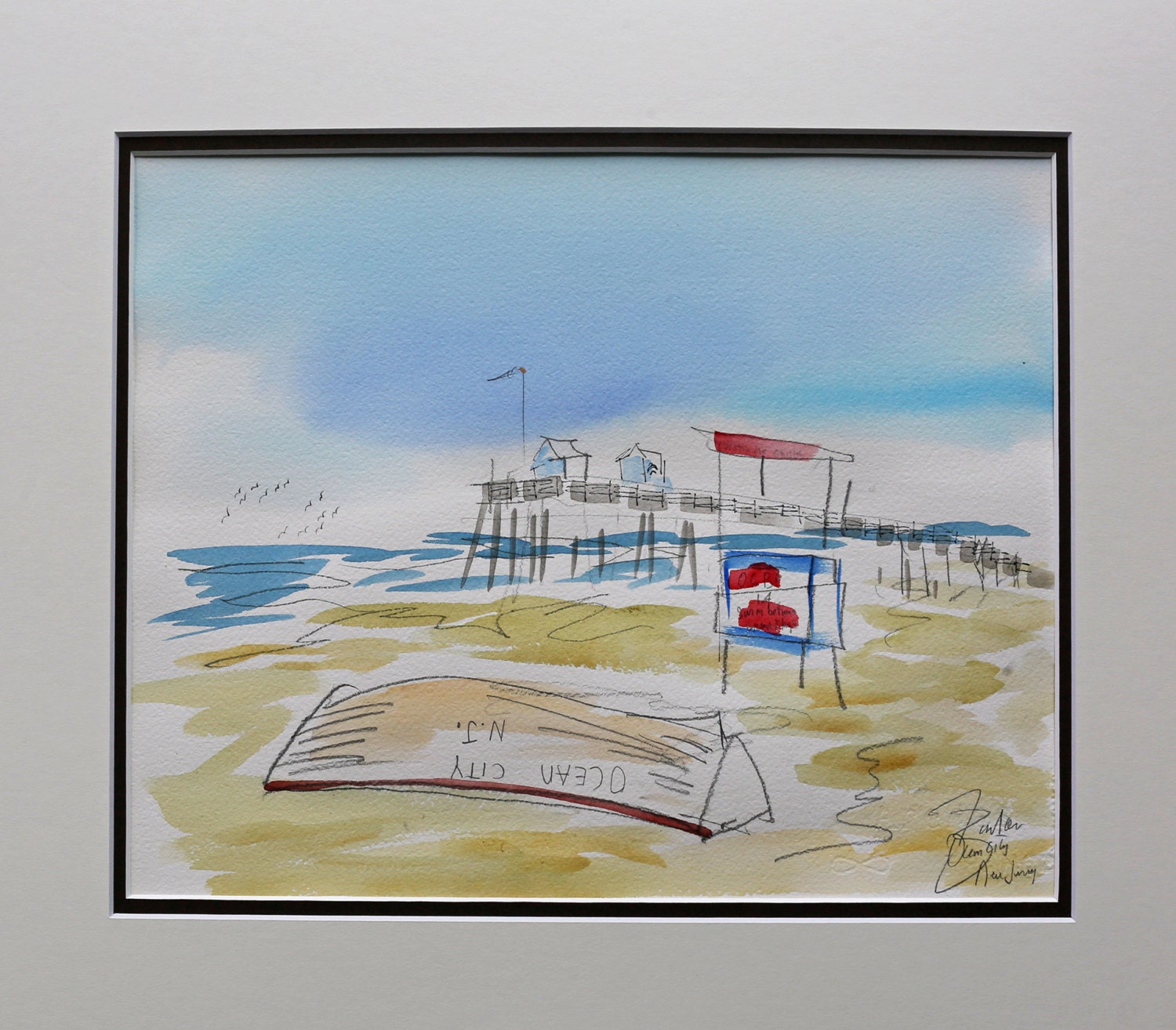 Original watercolors of Ocean City NJ with lifeguard stand (16 x20) By Joe Barker.