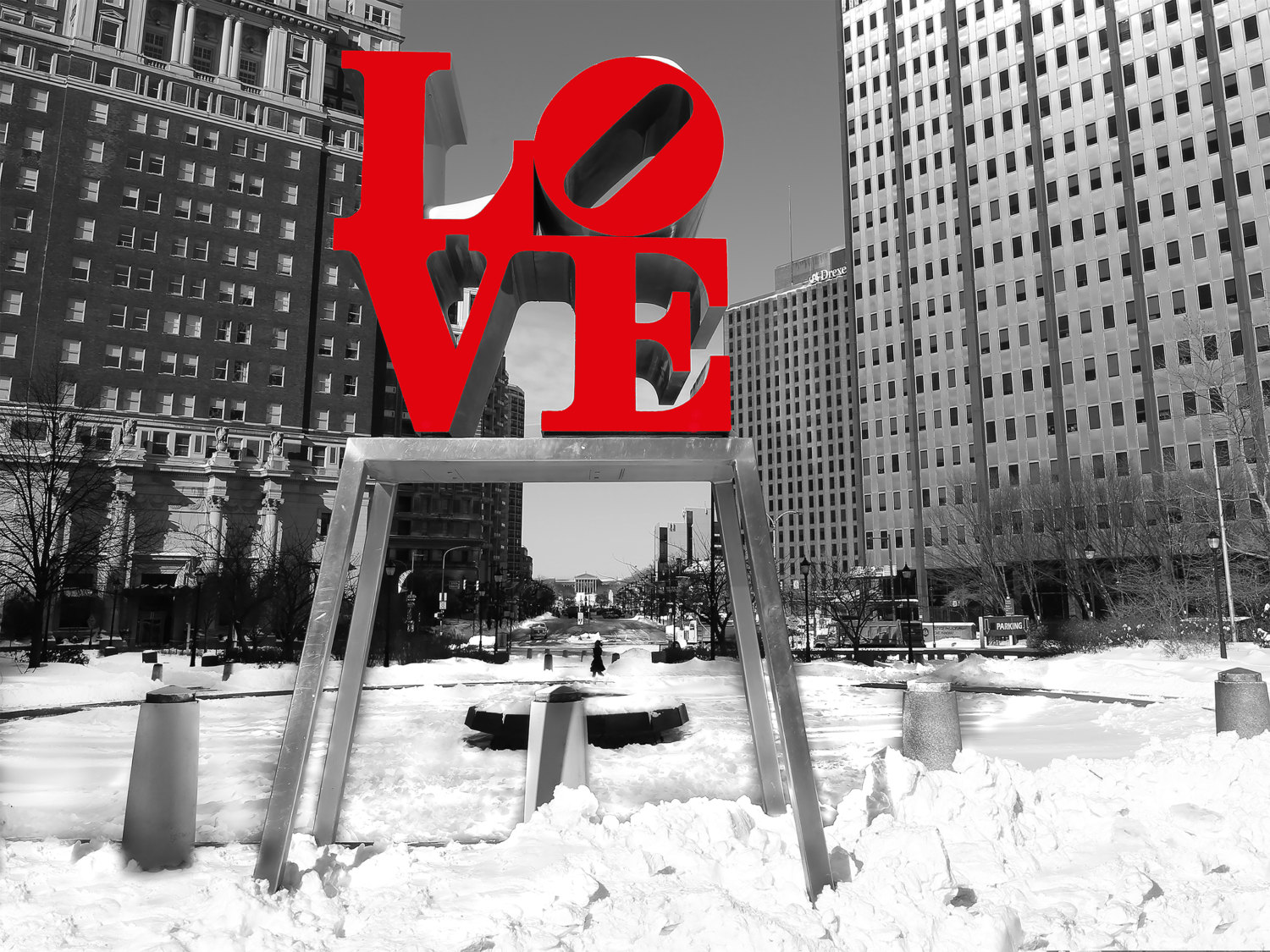 Snow At Philadelphia Love Park, (30x40) Canvas art,Black and White.City Canvas,Photography,Prints