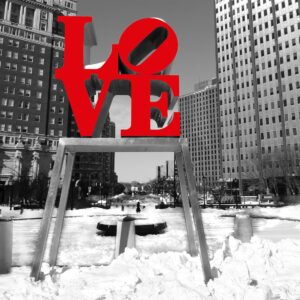 Snow at Philadelphia Love Park, (20x27) Canvas art,Black and white-Philadelphia Art-Photography-Center City.