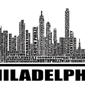 Philadelphia Cityscape Typography skyline with Philadelphia Neighborhoods.
