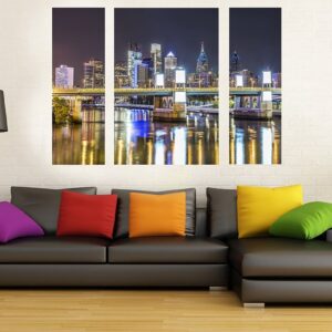 Philadelphia's Photograph of Skyline with South Street Bridge (36x48) Triptych ,(Three panels) Wall Art,Philly Art,Canvas Art.