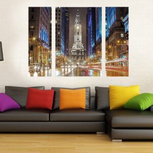 Philadelphia City Hall Reflection (36 x48) Canvas Art, Night Time-Philadelphia Art-Photography-Philadelphia Prints-Triptych ,(Three panels)
