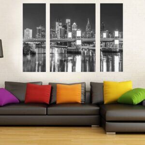 Philadelphia's Photograph of Skyline with South Street Bridge (36x48) Triptych ,(Three panels) ,Philly Art,Canvas Art,Black and White.