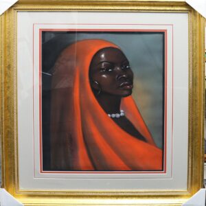 African Lady with Orange Scarf is Original Pastel by Artist Laurie Cooper. Framed and Matted.