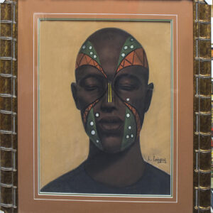 Green And Orange Mask is Original Pastel By the artist Laurie Cooper ,Framed and Matted.