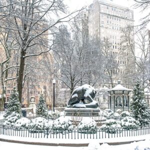 Lion Statue with the Gazebo at Ritten House Sq Park , Snow View ,Canvas Art.