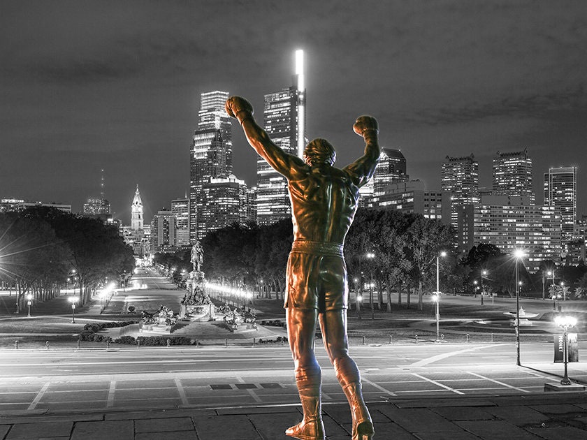 Philadelphia Skyline with Rocky Statue Facing City Hall (Black And White)Canvas Art,Photography-Wall Art. - Image 2