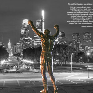 Philadelphia Skyline with Rocky Statue Facing City Hall (Black And White)Canvas Art,Photography-Wall Art.