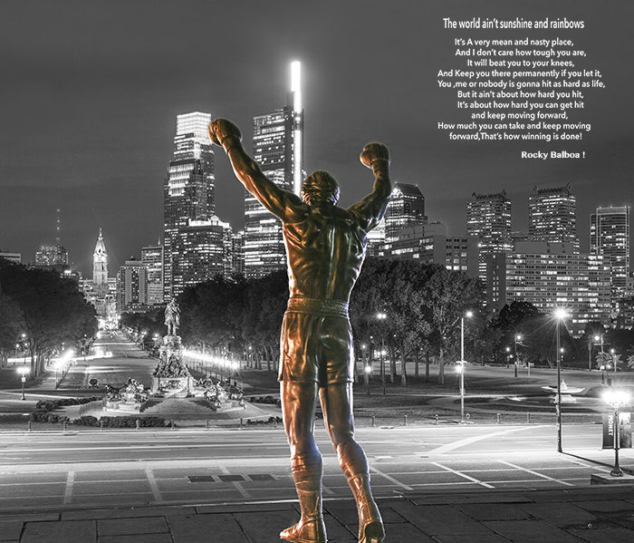 Philadelphia Skyline with Rocky Statue Facing City Hall (Black And White)Canvas Art,Photography-Wall Art.