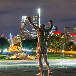 Rocky Balboa Facing Philadelphia Sky line and city Hall-Rocky Statue,Wall Art-Prints-Canvas Art.(12 x14),City Canvas.