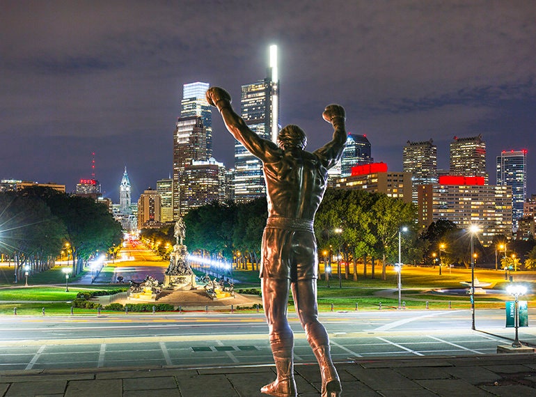 Rocky Balboa Facing Philadelphia Sky line and city Hall-Rocky Statue,Wall Art-Prints-Canvas Art.(12 x14),City Canvas.