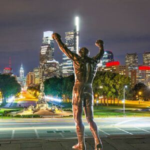 Rocky Balboa Facing Philadelphia Sky line and city Hall-Rocky Statue,Wall Art-Prints-Canvas Art.(30x40).