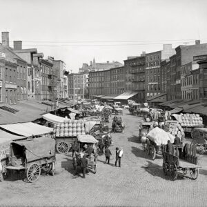 Dock Street Market looking north from the 100 block of Spruce Street in Society Hill, Philadelphia, Pennsylvania. Photo circa 1910