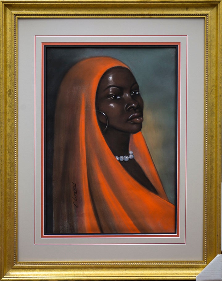 Lady with Orange Scarf is Original Pastel On Acid Free Paper (31x39) Framed And Matted