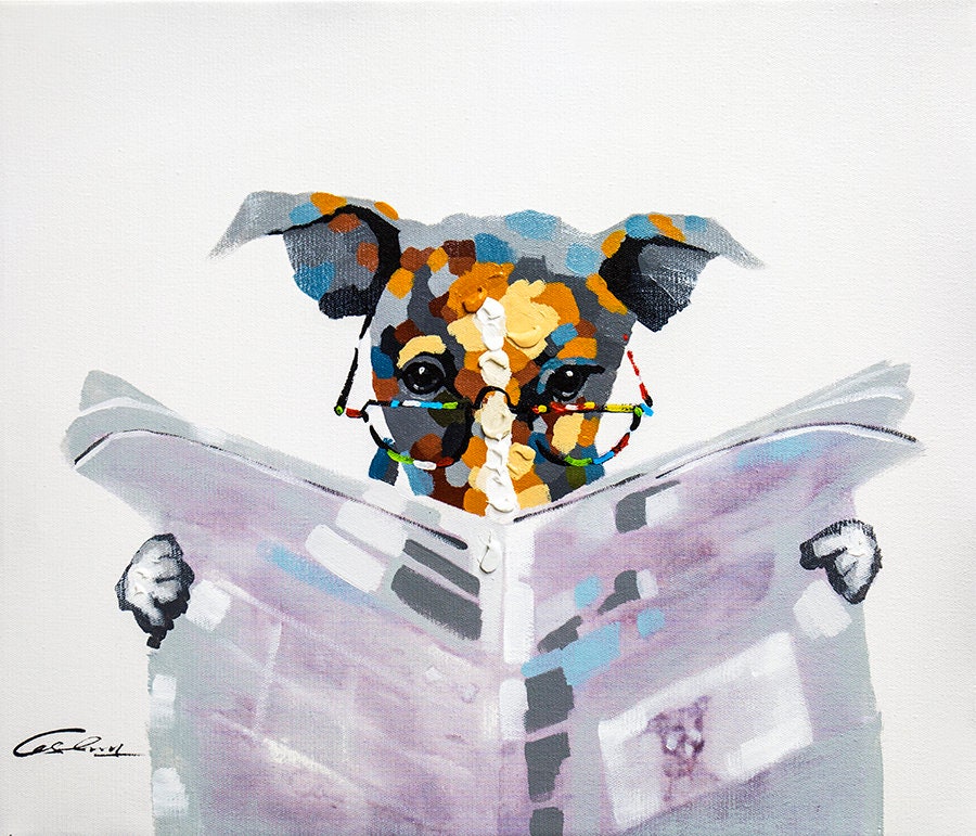 Dog Reading book is Giclee on Canvas and Stretched with 1.5 Wood