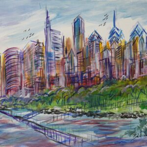 Original painting acrylics On Canvas of philadelphia skyline from South Street By The Artist Jo Barker (22'' x28'')