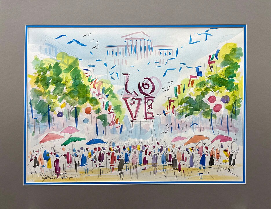 Original Watercolors Painting of Love Park by The Artist Joe Barker - Image 2