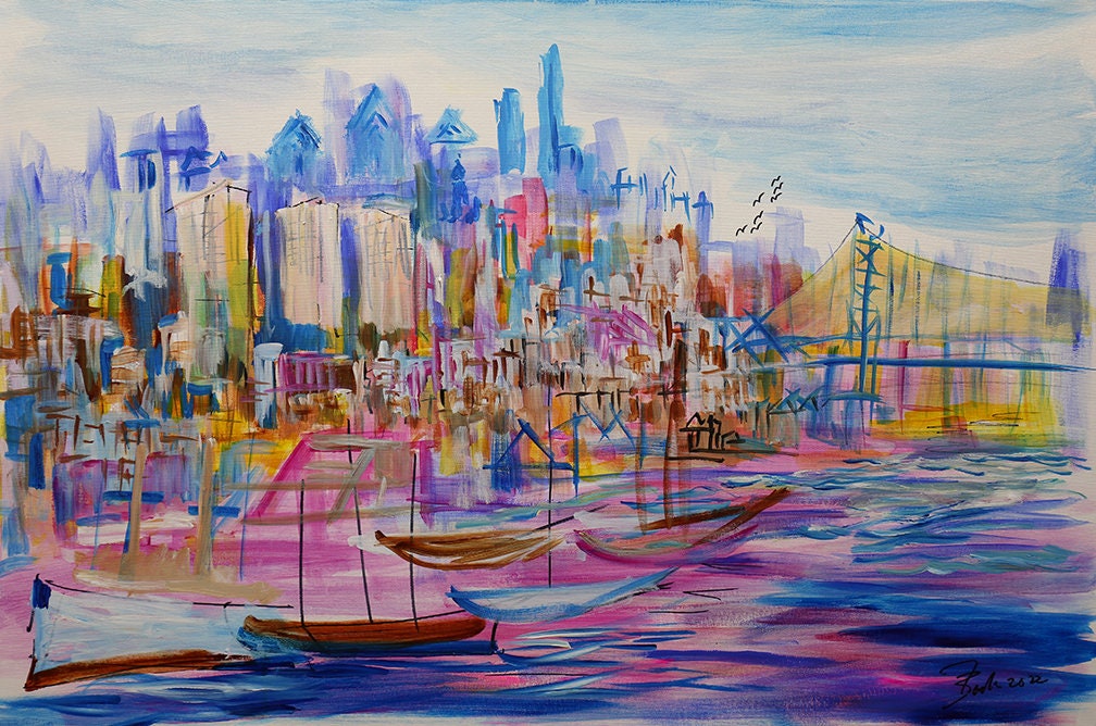 Original Painting acrylics on Canvas of Philadelphia Skyline by Joe Barker, Stretched with 1.5 Wood and Framed.