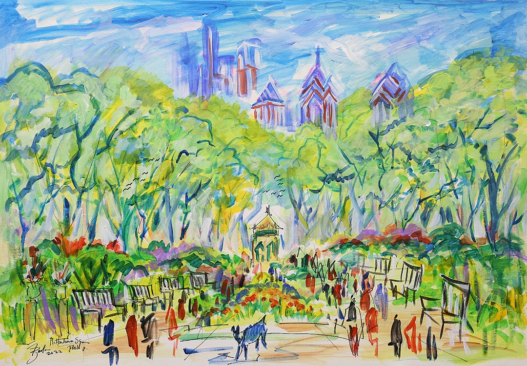 Original Painting acrylics On Canvas Philadelphia Ritten House Sq Park , By The Artist Jo Barker Stretched with wood and Framed