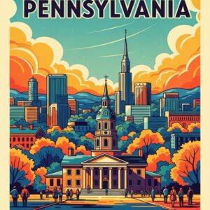 Pennsylvania Travel Poster Print Philadelphia Skyline Vintage Wall Art Independence Hall,Canvas Art